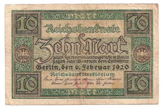 Germany 10 Mark 1920 G Reichsbanknote German Banknote WWI