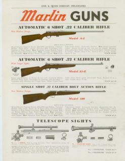 Catalog Page Ad Marlin Guns 22 Caliber Bolt Action Rifles 1939