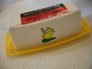 Vtg Yellow White Plastic Butter Dish tray Holder tulip design New Old