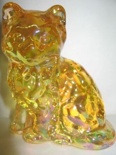 yellow amber carnival glass Cat Kitten paperweight kitty iridescent
