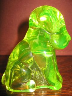 Vaseline glass puppy dog candy container uranium Canary yellow boyd