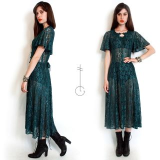  Green GOTH CAGE SHEER LACE Grunge DRAPE mary kate MAXI DRESS S M