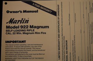 Marlin Model 922 Magnum Self Loading Rifle 22 WMR Only Owners Manual