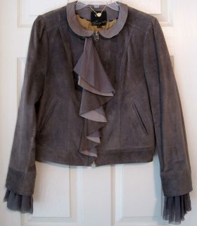 McGinn Gray Suede Leather Jacket Silk Chiffon Ruffle Jacket Large