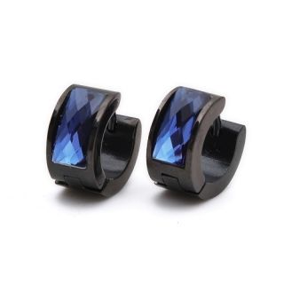 Black Blue Crystal Stainless Steel Stud Hoop Mens Earrings E185