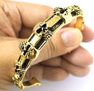 Skull Row Solid Gold Brass Mens Biker Bangle Bracelet