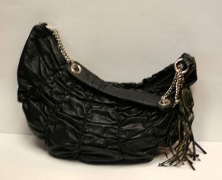 Melie Bianco USA Black Gathered Leather Sides Hobo Bag w Fringe Tassel