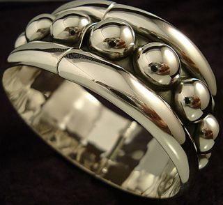 Taxco Mexican Sterling Silver Beaded Bead Clamper Bracelet Mexico