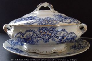Etruria Mellor & Co Windsor Blue and White Porcelain Tureen w/ Under