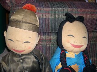Michael Lee Pair of Chinese Cloth Dolls Tagged Large Pair