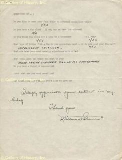 Milburn Stone Questionnaire Signed Circa 1954