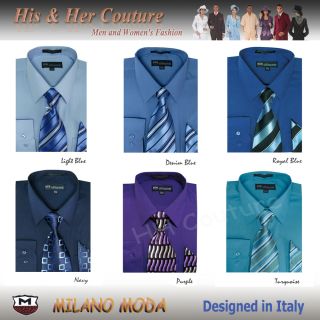 Blue Series Mens Milano Moda Dress Shirt Matching Tie Handkerchief