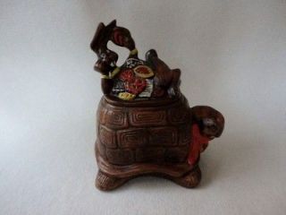 Vintage Turtle & Rabbit Cookie Jar Handpainted Made in USA Ceramic
