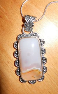 Sterling Bali Picture Agate Gemstone Rectangular Pendant Necklace