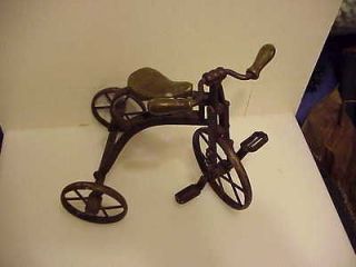 VINTAGE MINIATURE TOY CAST/WROUGHT IRON TRICYCLE WITH WOOD SEAT