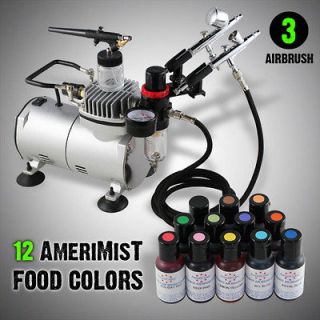 NEW 3 Airbrush 12 Ameri Food Color Cake Decorating Kit Air Compressor