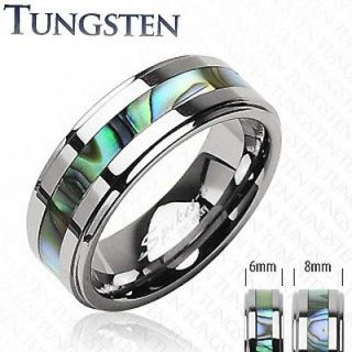 Tungsten Carbide Abalone Inlay Step Edge Mens Wedding Band Couple