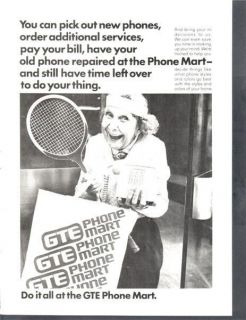 Vintage 1981 Print Ad for GTE Phone Mart Tennis Old Lady Push Button