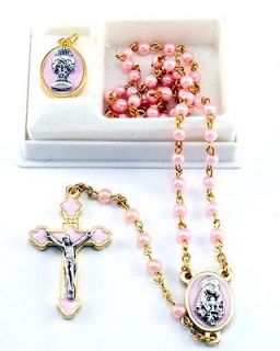 NEW MADE IN ITALY GIRLS PINK FIRST COMMUNION ROSARY & CHALICE PENDANT