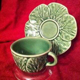 Bordallo Pinheiro Majolica Green Cabbage Demitasse Tea Cup Saucer Set