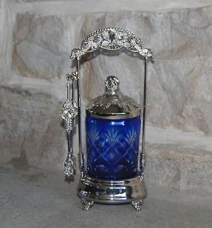 BLUE CUT GLASS PICKLE JAR New ~ SILVER PLATE CASTOR & TONGS Downton