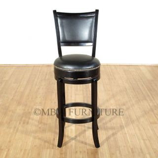 High Back Solid Mahogany Black Faux Leather Swivel Pub Bar Stool Chair