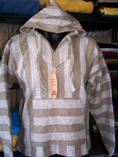 MEXICAN BAJA SURFER PONCHO HOODIE LARGE BROWN + WHITE WITH FRONT