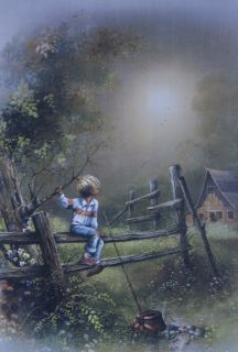 ANDRES ORPINAS Old farm, boy with fishing pole on fence