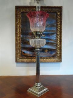 ANTIQUE VICTORIAN CRANBERRY GLASS & SILVER CORINTHIAN COLUMN OIL LAMP