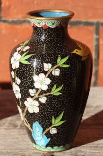 Chinese Cloisonne black ground floral Peony Rose Apple blossom 1950s