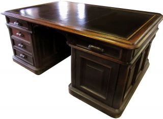 7448 Antique Partners Desk with Gold Tooled Black Leather Top