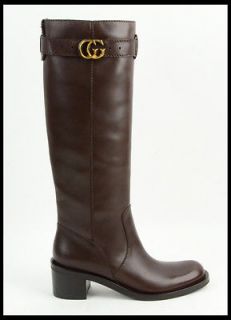 GUCCI GG RUNNING TALL BOOTS BROWN LEATHER LOW HEEL LOGO DETAIL