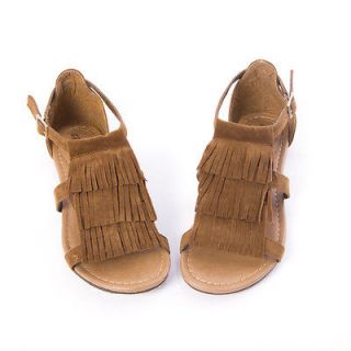 Womens Shoes Tan Triple Fringe Ankle Strap Flat Sandals Gladiator T