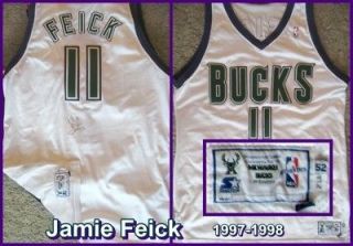 Jamie Feick 1997 1998 Game Worn Home White Milwaukee Bucks Jersey