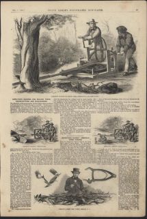Crank Operated Saw Hamilton Machine 1860 antique wood engraving