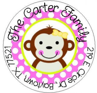CUTE MONKEY WITH BOW   Round Return Address Labels