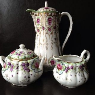 Antique Painted Porcelain Chocolate Pot Creamer Suger Set Pink Purple