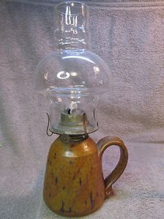 Vintage Signed Stoneware Pottery Oil Lamp w/ Handle   Eagle Burner