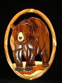 NEW Hand Carved Wood Art Intarsia BEAR Sign Wall Plaque Home Decor
