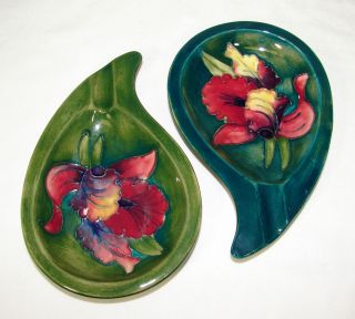 Vintage Walter MOORCROFT Pottery ORCHID Ashtrays, Green & Teal As Is