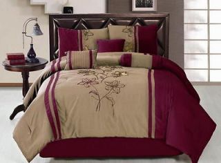 PC Comforter Set Burgundy Tan Brown Embroidered King Size Bed in a