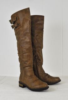 Qupid Cognac Pu Knee High Boots with Buckles