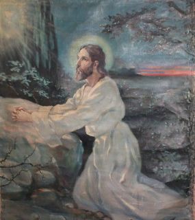 Antique religious oil painting praying Jesus