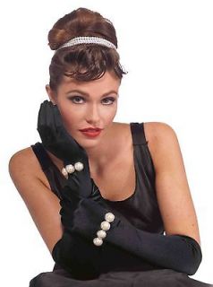 Retro Film Star Audrey Hepburn Long Black Pearl Bracelet Gloves