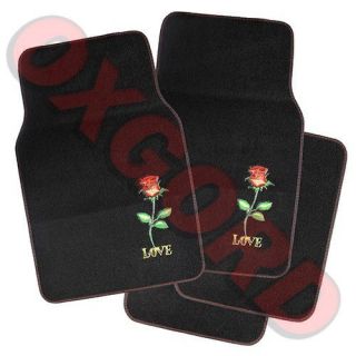 Love Rose Flower Black Carpet Auto Liner Pad Floor Mats Front & Rear