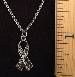 Silver Tone Autism Awareness Puzzle Piece Ribbon W/chain NEW FR​EE