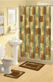 Leaf Squares Blocks 17 Pc Bath Rug Shower Curtains Hooks Towel Set