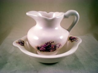 Athena VB miniature pitcher & bowl set, USA pottery, floral rose theme