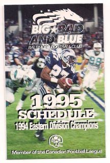 BALTIMORE STALLIONS Canadian Football League ~ 1995 Pocket Schedule