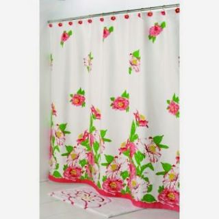 CAMELLIA VERA CORAL PINK GREEN VIBRANT FLORAL FABRIC SHOWER CURTAIN OR